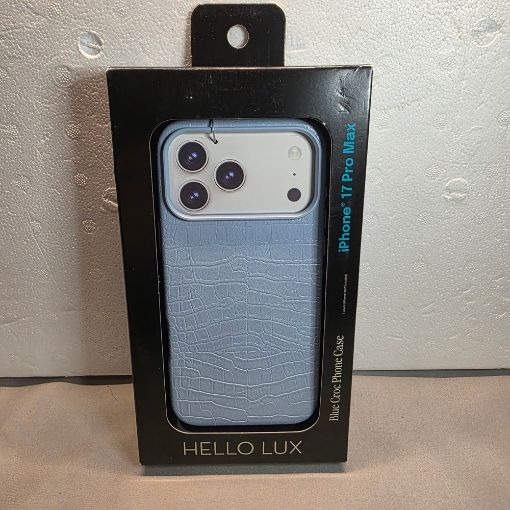 Hello Lux Blue Croc Phone Case for iPhone 17 Pro Max Faux Leather Dual Layer